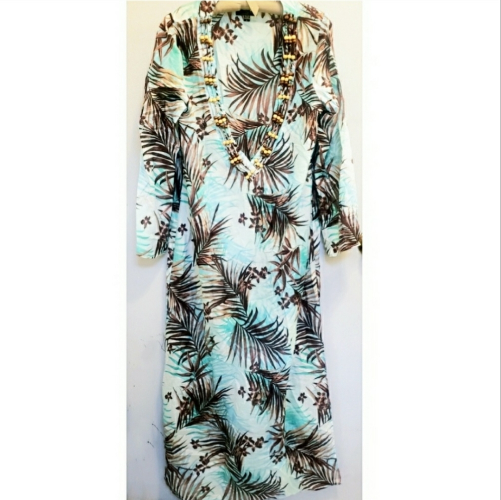 Athena beach dress cruise wear blue palm fronds beaded  Large